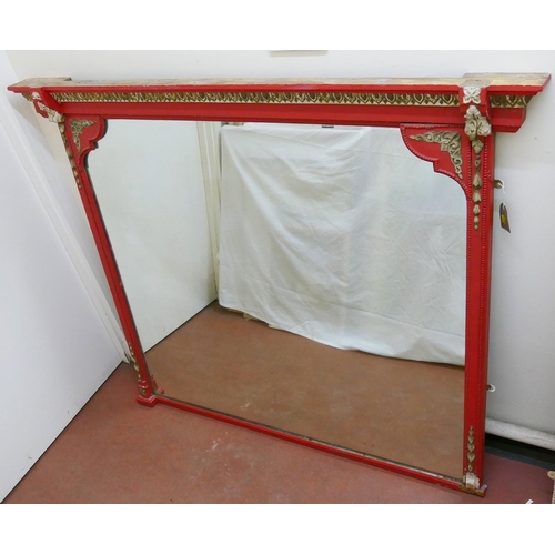 247 - A large 19th century rectangular overmantle mirror with red, cream and gilt painted frame, with gess... 