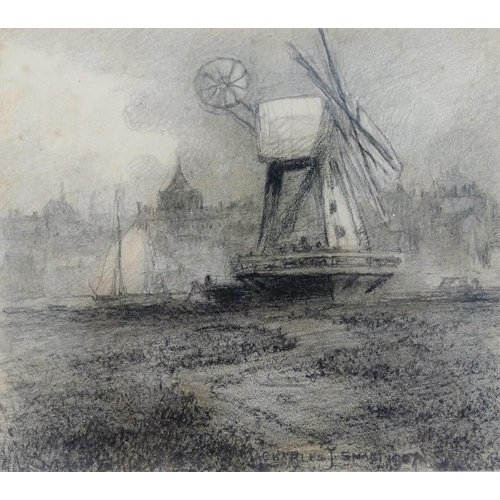 297 - Charles J Smart (19th and 20th century British)+ A windmill Pencil sketch Signed lower right 13cm x ... 