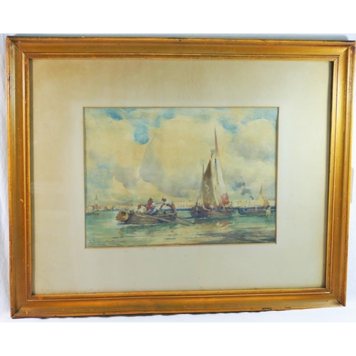 301 - Edward Aubrey Hunt (1855-1922) Sailing Boat with figures rowing Watercolour Signed lower left 23.5cm... 