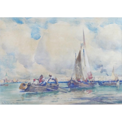 301 - Edward Aubrey Hunt (1855-1922) Sailing Boat with figures rowing Watercolour Signed lower left 23.5cm... 