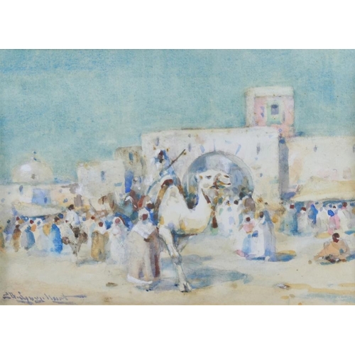 302 - Edward Aubrey Hunt (1855-1922) Egyptian scene, figure on a camel within a crowd Watercolour Signed l... 