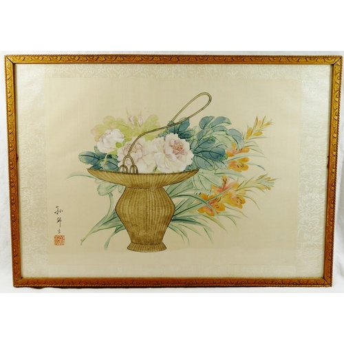 38 - Two Chinese paintings on silk of flowers and a bird, both signed and with printed character mark, ho... 