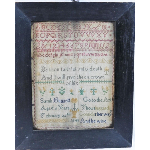 40 - An early Victorian sampler, by Sarah Huggett, aged 6 years, February 26th 1848, with alphabet, numer... 