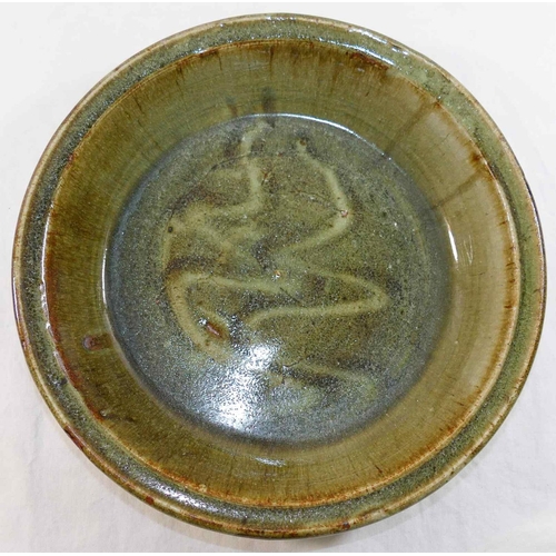 323 - Betty May (20th/21st Century British)+ Pottery bowl with matt grey exterior and green interior, make... 