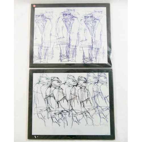 326 - Katherine Little (20th/21st Century British)+ Two printed glass place mats each of men wearing coats... 