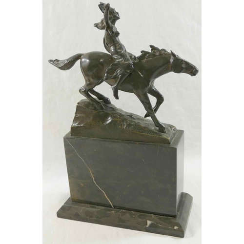 44 - A Valkyrie on horseback, bronze, signed Schmidt-Felling, on raised rectangular stepped plinth, 28.5c... 