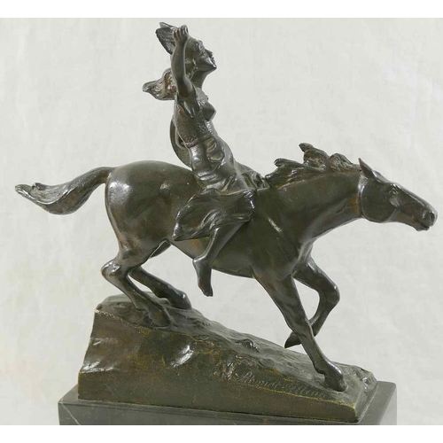 44 - A Valkyrie on horseback, bronze, signed Schmidt-Felling, on raised rectangular stepped plinth, 28.5c... 