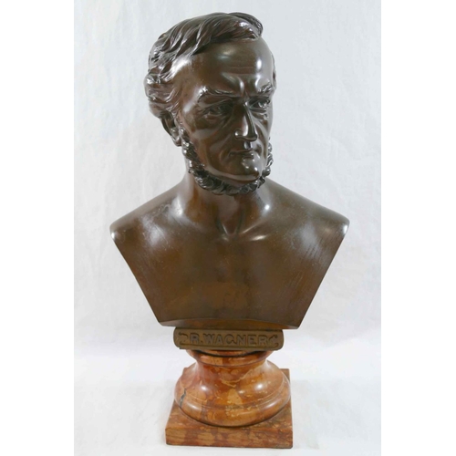 46 - A bust of Richard Wagner, bronze, with bare chest on turned marble socle, unsigned, 36cm high