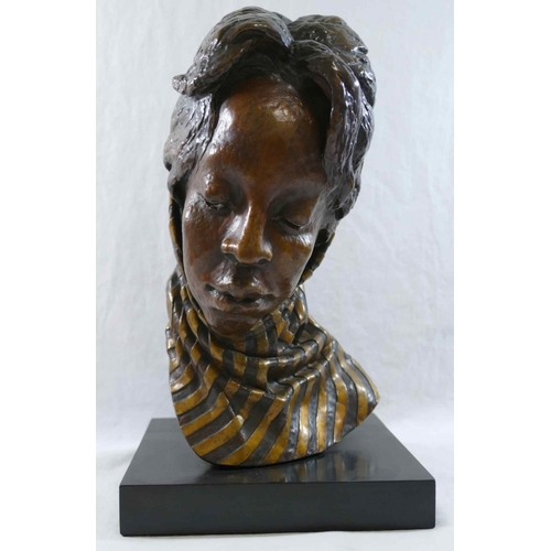 47 - A head study of an African lady wearing a scarf, bronze with gilt detail, on rectangular plinth, ini... 