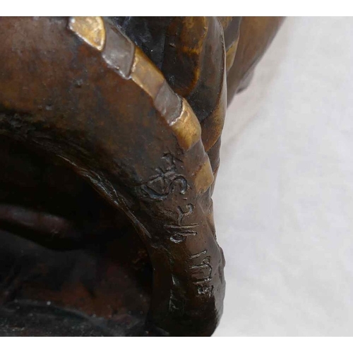 47 - A head study of an African lady wearing a scarf, bronze with gilt detail, on rectangular plinth, ini... 