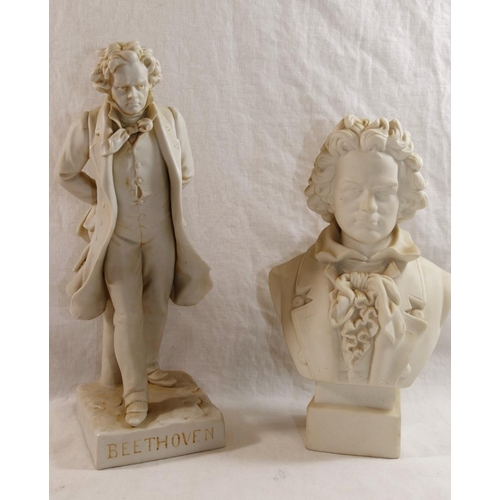 15 - A bisque figure of Beethoven on square plinth, 24cm high, and another bisque bust of Beethoven, 19.5... 