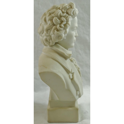 15 - A bisque figure of Beethoven on square plinth, 24cm high, and another bisque bust of Beethoven, 19.5... 