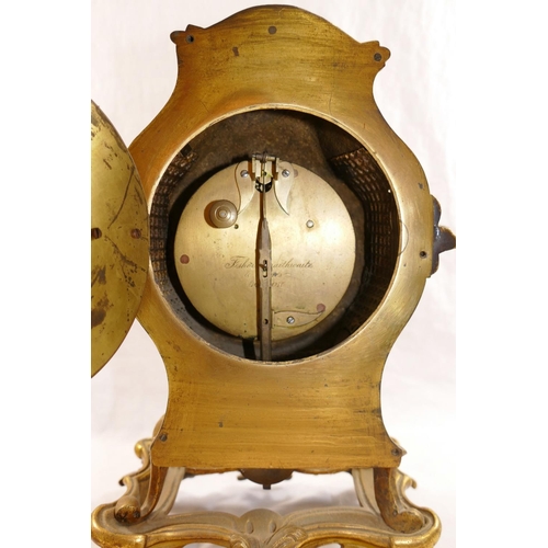24 - A 19th century gilt brass Rococo style mantle timepiece, the movement inscribed 'Fisher Braithwaite ... 