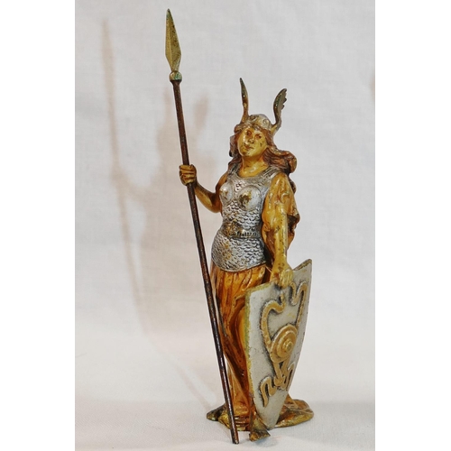 39A - Two small modern cold painted bronze Classical figures of a Valkyrie and a blacksmith, on turned woo... 