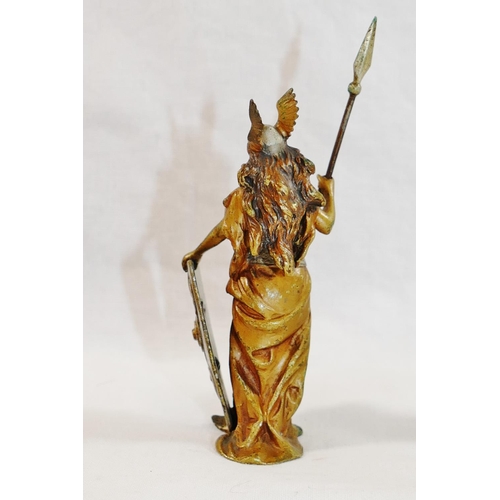 39A - Two small modern cold painted bronze Classical figures of a Valkyrie and a blacksmith, on turned woo... 