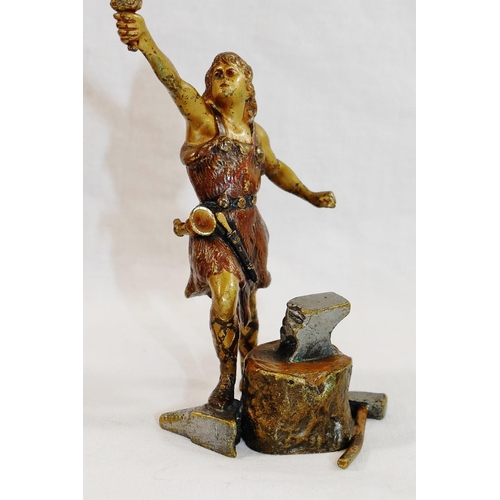 39A - Two small modern cold painted bronze Classical figures of a Valkyrie and a blacksmith, on turned woo... 