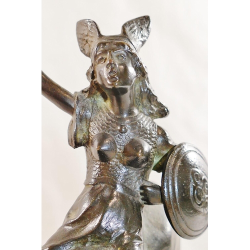44 - A Valkyrie on horseback, bronze, signed Schmidt-Felling, on raised rectangular stepped plinth, 28.5c... 