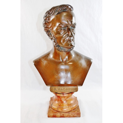 46 - A bust of Richard Wagner, bronze, with bare chest on turned marble socle, unsigned, 36cm high