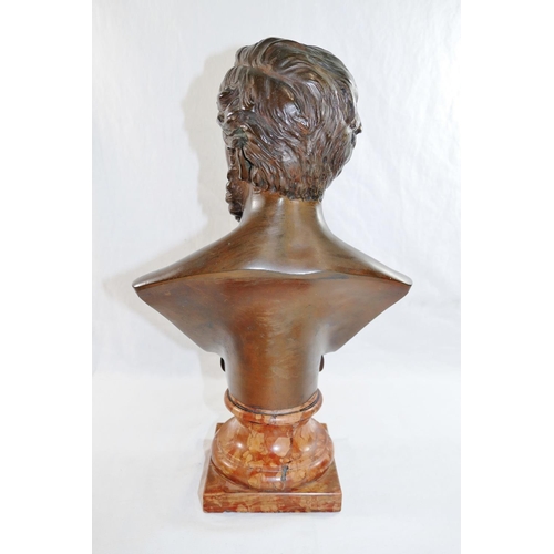 46 - A bust of Richard Wagner, bronze, with bare chest on turned marble socle, unsigned, 36cm high