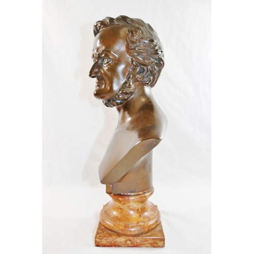 46 - A bust of Richard Wagner, bronze, with bare chest on turned marble socle, unsigned, 36cm high