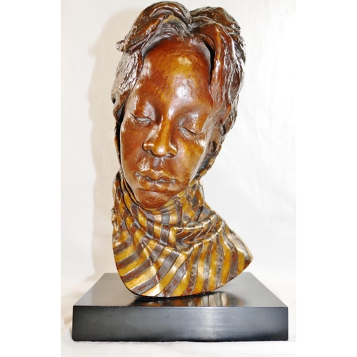 47 - A head study of an African lady wearing a scarf, bronze with gilt detail, on rectangular plinth, ini... 
