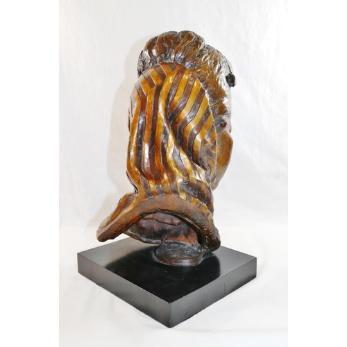 47 - A head study of an African lady wearing a scarf, bronze with gilt detail, on rectangular plinth, ini... 