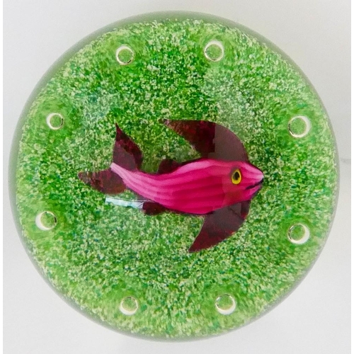 1 - A Harland Paul Ysart fish paperweight, the pink fish on mottled green ground with controlled bubble ... 