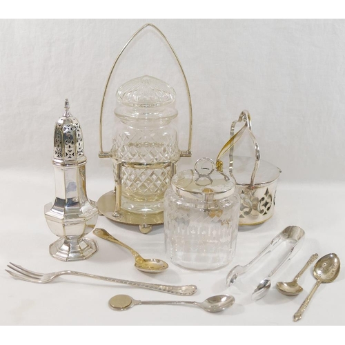 103 - A collection of silver plate comprised of a three piece teaset, a conserve jar, sugar sifter and oth... 