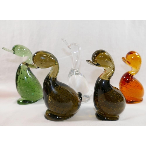 5 - Four Whitefriars controlled bubble glass Dilly ducks, the tallest 14.5cm high, and a similar clear g... 