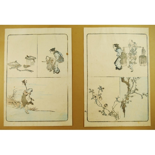 52 - A collection of 16 Japanese monochrome and other woodblock prints, various subjects, some hand colou... 