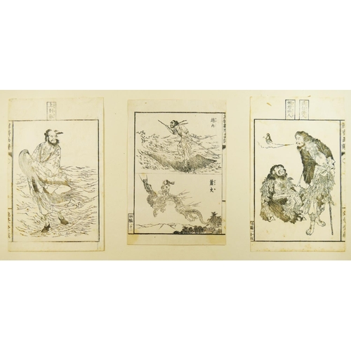 52 - A collection of 16 Japanese monochrome and other woodblock prints, various subjects, some hand colou... 