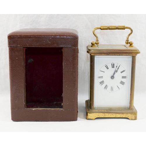 68 - An early 20th century French brass cased five-glass carriage clock, the white enamel face with Roman... 