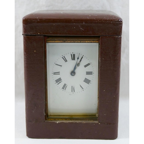 68 - An early 20th century French brass cased five-glass carriage clock, the white enamel face with Roman... 