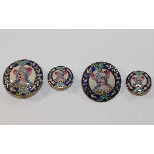 107 - A set of four Italian enamel buttons, each decorated with the bust of an 19th century woman wearing ... 