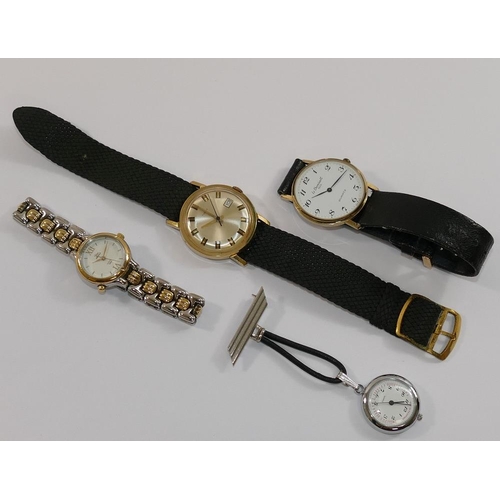 140 - A selection of watches and travel clocks, including a 1970's gold-plated gents Timex wrist watch wit... 