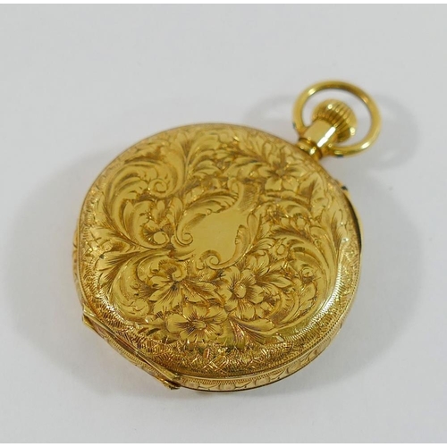 146 - A ladies 18 carat gold cased Swiss keyless pocket watch, with white enamel dial, retailed by Thomas ... 