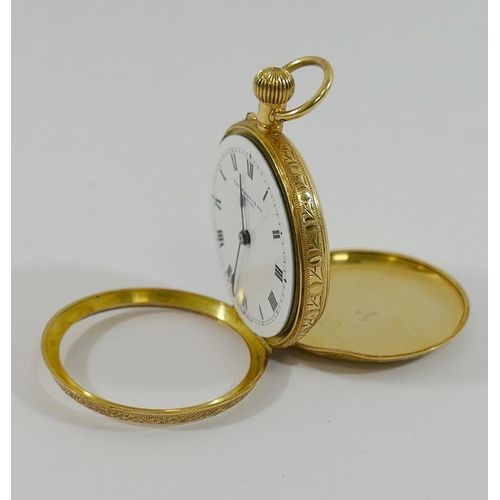 146 - A ladies 18 carat gold cased Swiss keyless pocket watch, with white enamel dial, retailed by Thomas ... 