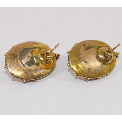 181 - A pair of Victorian hollow gold oval earrings, each centrally set with a half seed pearl, with later... 