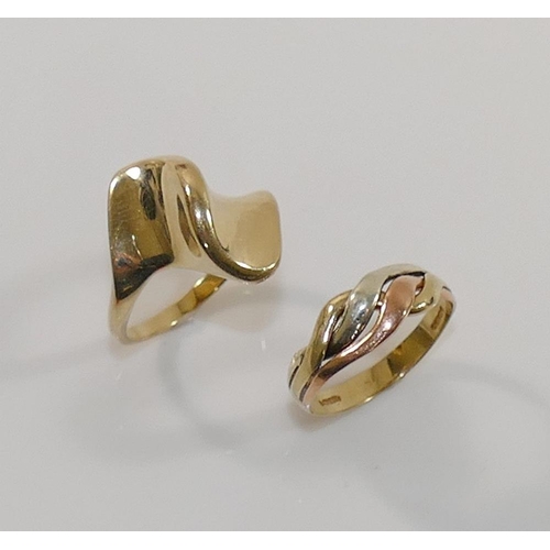 185 - Two 9 carat gold rings comprised of a tri-colour ring, finger size L, and an abstract ring, finger s... 