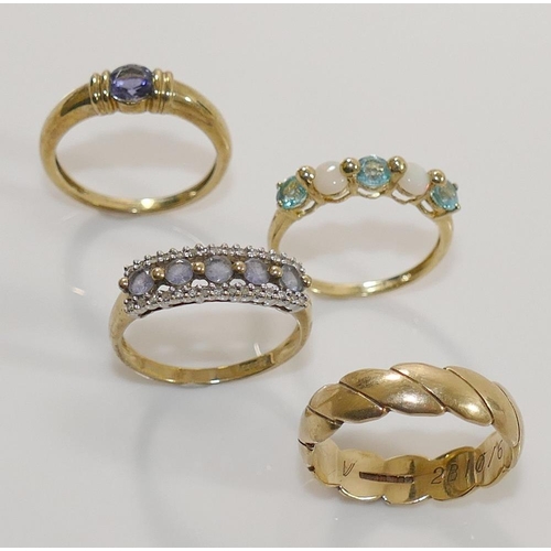 193 - A QVC 9 carat gold tanzanite set ring, and two other 9 carat gold QVC gem-set rings, combined weight... 