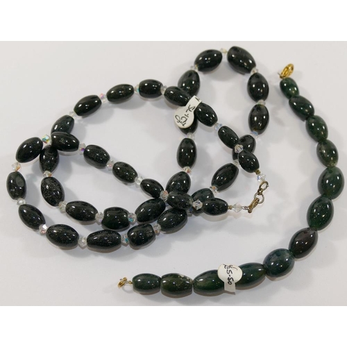 198 - A selection of moss agate jewellery comprised of a string of graduated spherical moss agate and face... 