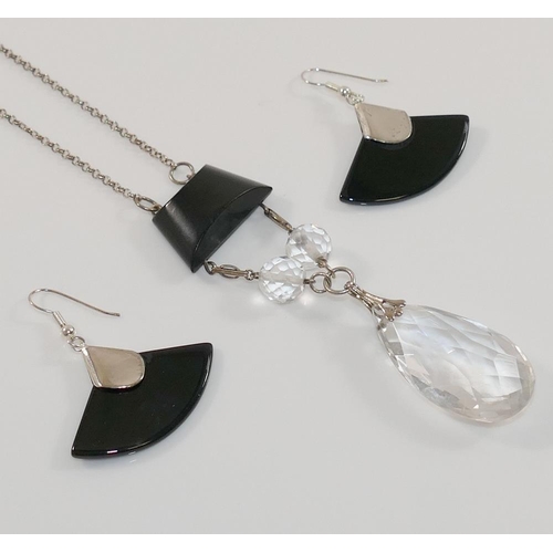 205 - An Art Deco style black onyx and rock crystal pendant necklace, and a pair of black onyx fan-shaped ... 