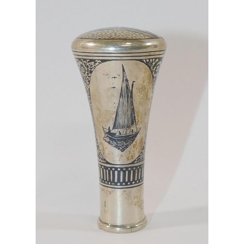 302 - An Iraqi silver niello cane handle, finely decorated with a mosque, a figure riding a camel and a sa... 