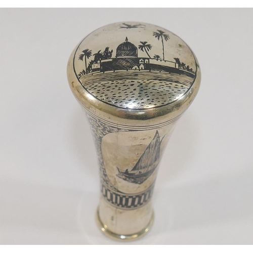 302 - An Iraqi silver niello cane handle, finely decorated with a mosque, a figure riding a camel and a sa... 