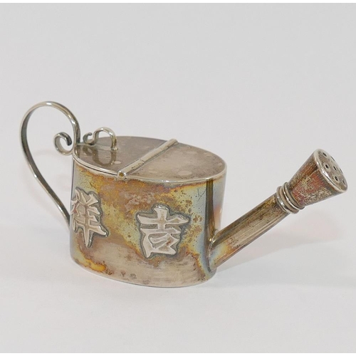 304 - A Chinese silver pounce pot in the form of a miniature watering can, decorated with four Chinese cha... 