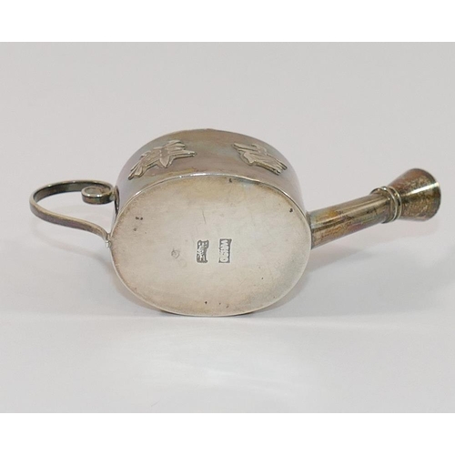 304 - A Chinese silver pounce pot in the form of a miniature watering can, decorated with four Chinese cha... 