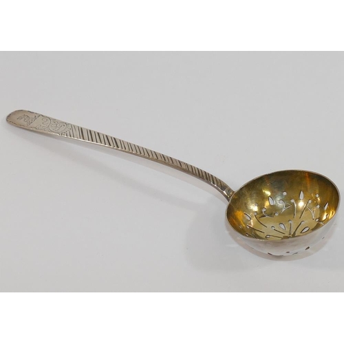 304A - A late Victorian silver sifter spoon, with gilt bowl, London 1896, a pair of early 19th century silv... 