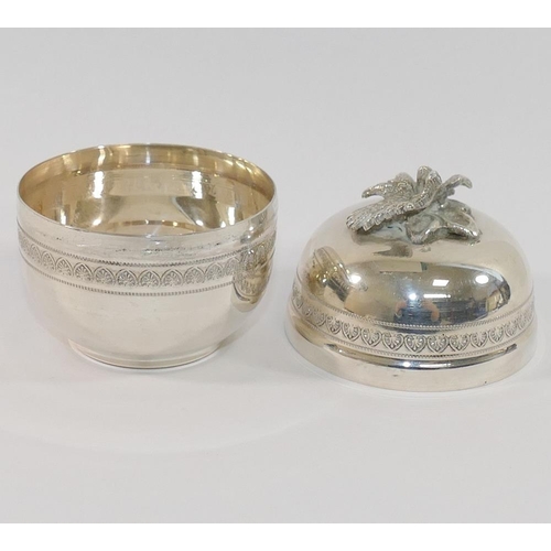 308 - A  silver circular lidded box, the finial in the form of a pair of birds, stamped .900, 8cm high, 3.... 