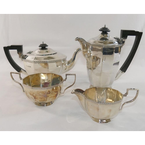 328 - An Art Deco silver four-piece teaset, by Walker and Hall, Sheffield 1933, the teapot and hot water j... 