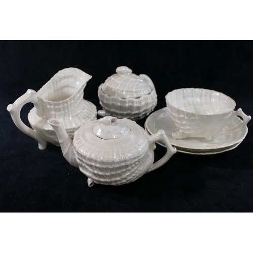 348 - A Belleek second mark basket weave shamrock jug, 10cm high and German Belleek style semi-porcelain s... 